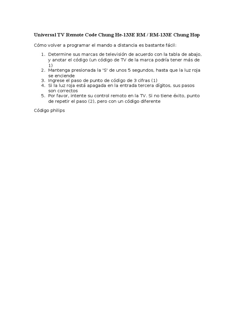 Códigos para Control Universal Chunghop RM-133E | PDF