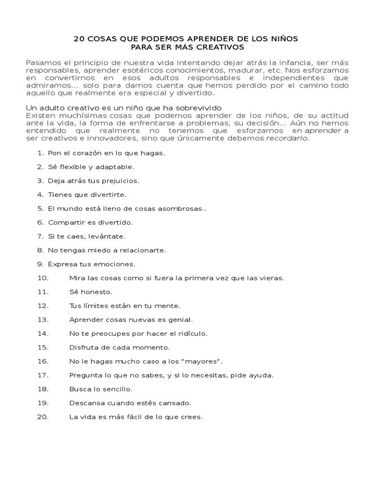 20 Cosas Que Podemos Aprender de Los Niños | PDF | Relaciones ...
