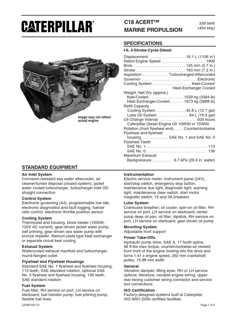 Cat C18 ACERT Spec Sheets Commercial C18 ACERT marine propulsion