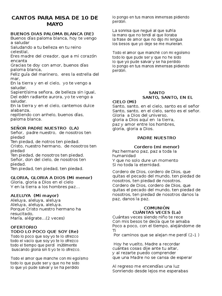 Cantos Para Misa de 10 de Mayo Misa (liturgia) orador del Señor