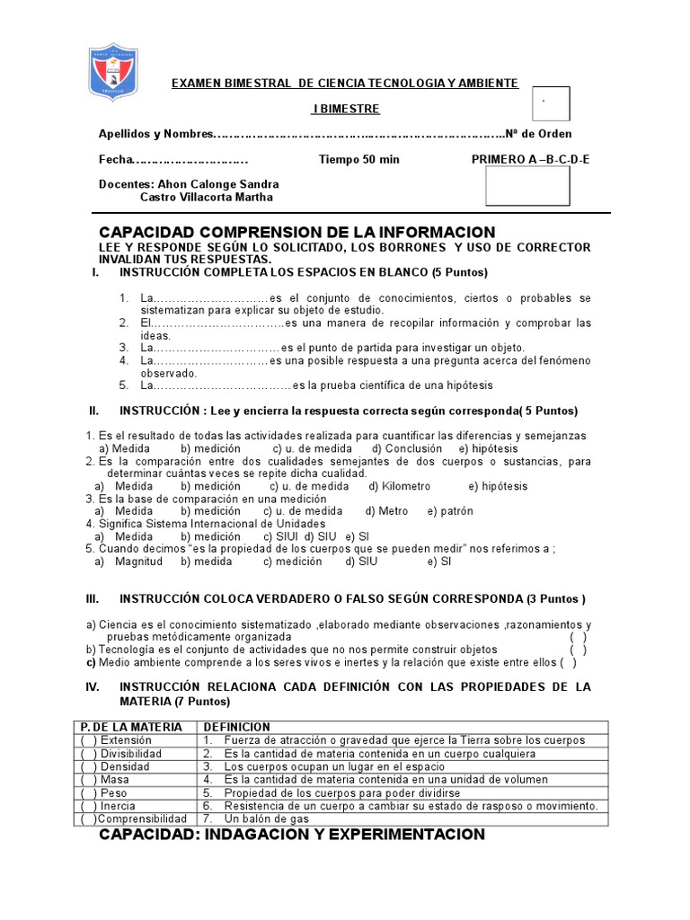 Examen Bimestral de Ciencia y Tecnología | PDF | Masa | Medición