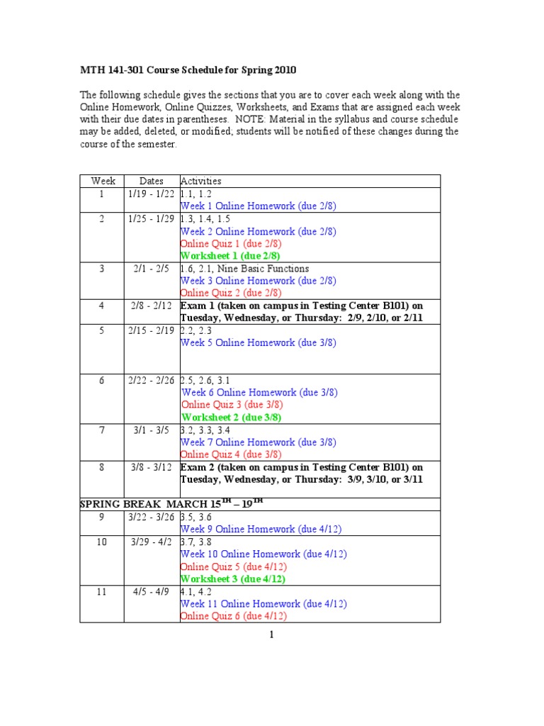 MTH 141 Course Schedule Spring 2010 | PDF | Quiz | Evaluation Methods