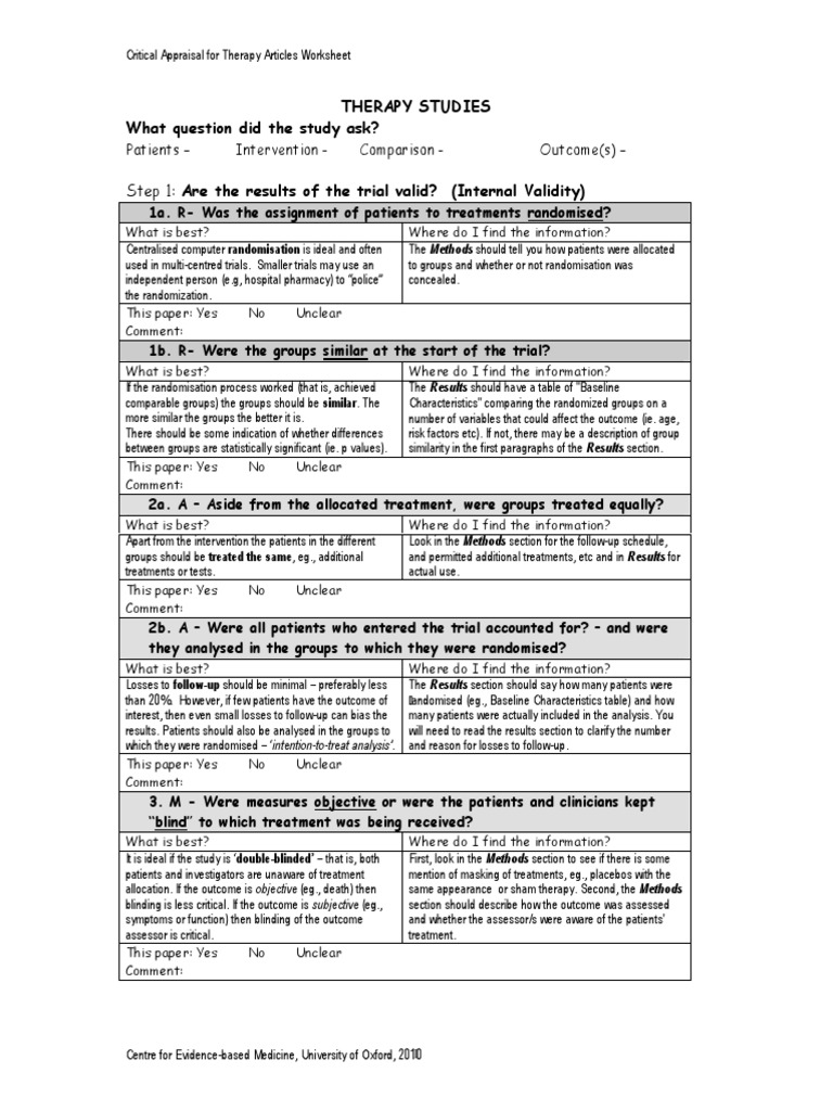 Therapy Rct Critical Appraisal Worksheet With Explanation Randomized
