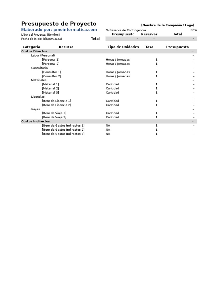Presupuesto de Un Proyecto Plantilla | PDF | Presupuesto | Microsoft Excel