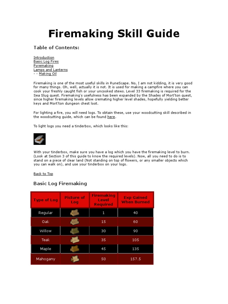 Firemaking Skill Guide: Table of Contents | PDF | Lantern | Leisure