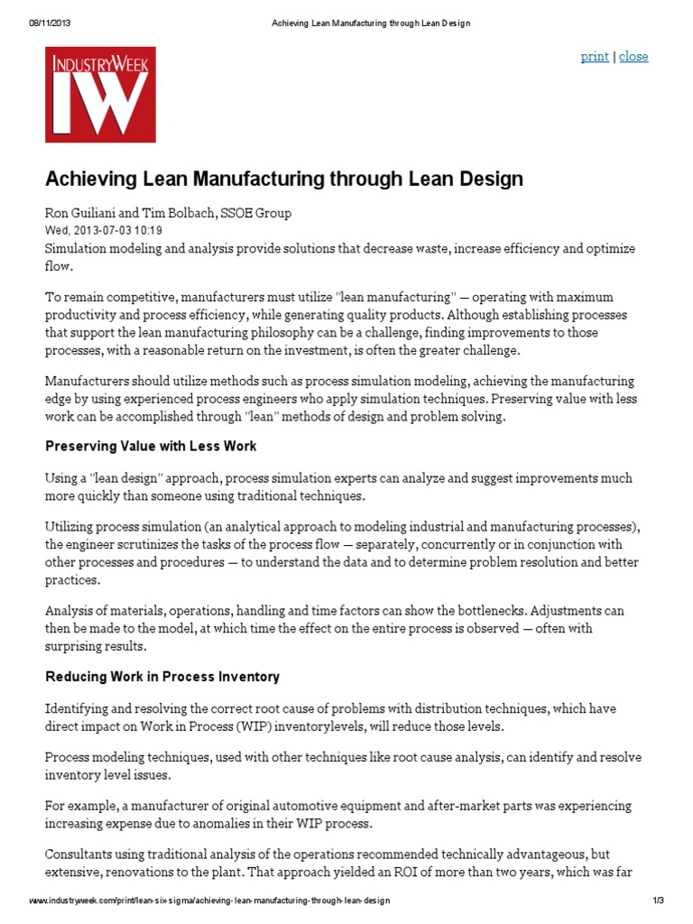 Achieving Lean Manufacturing Through Lean Design | PDF