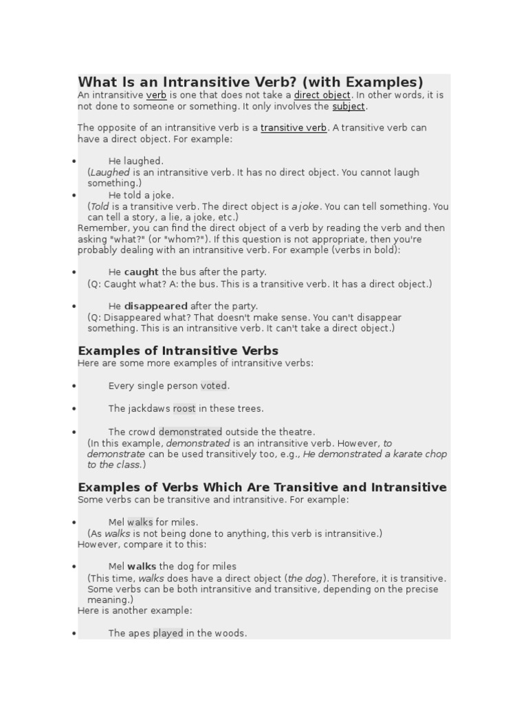 Intransitive Verbs Explained | PDF | Verb | Linguistic Morphology