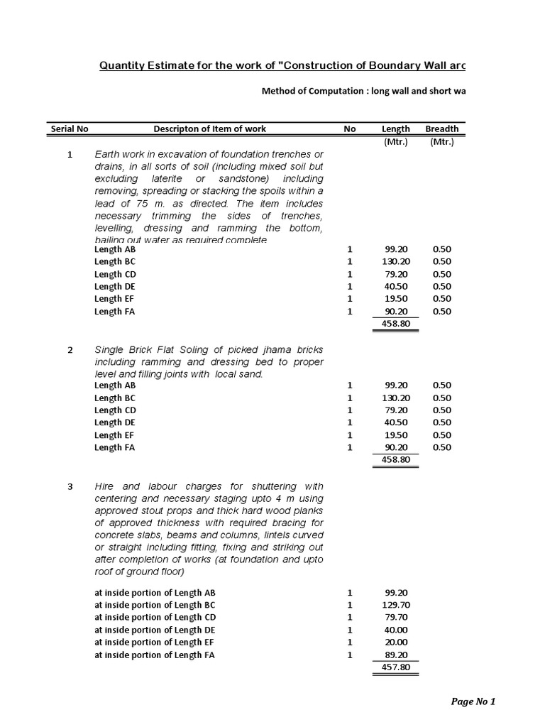 Boundary Wall Construction Estimate | PDF | Brick | Wall