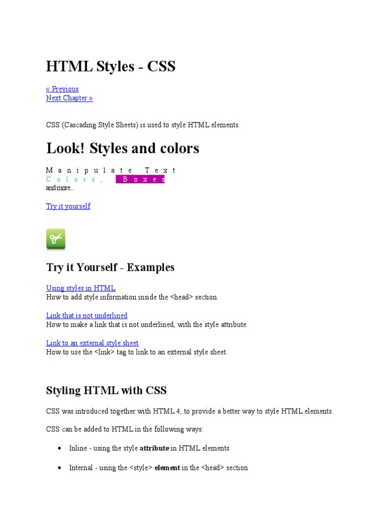 HTML Styles - CSS: Try It Yourself - Examples | PDF | Html Element ...