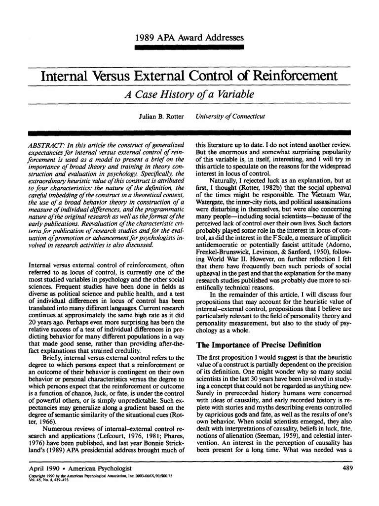 Internal Versus External Control of Reinforcement PDF | PDF | Causality ...