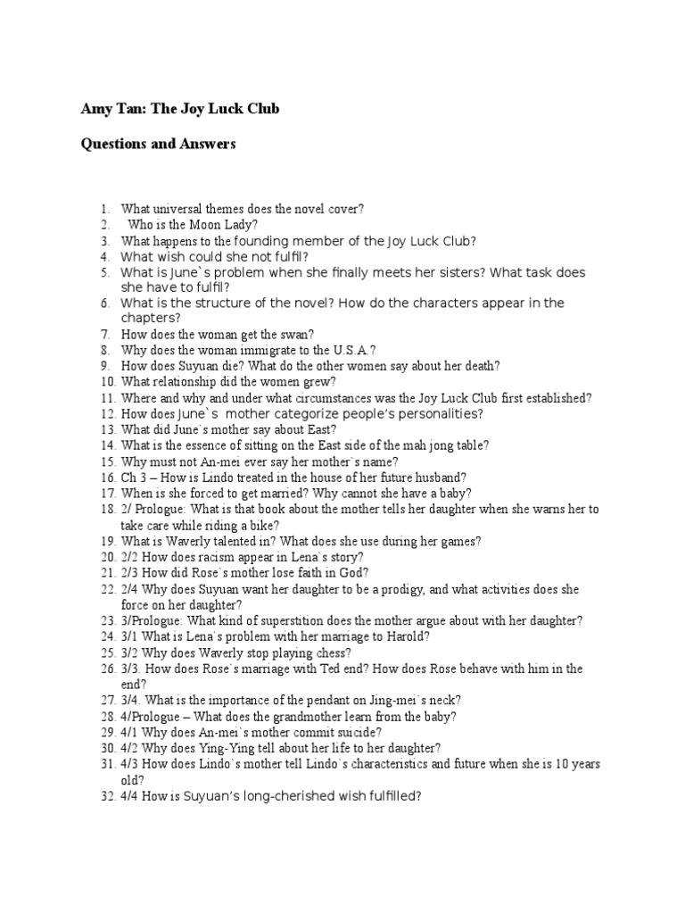 Amy Tan Joy Luck Club Questions And Answers