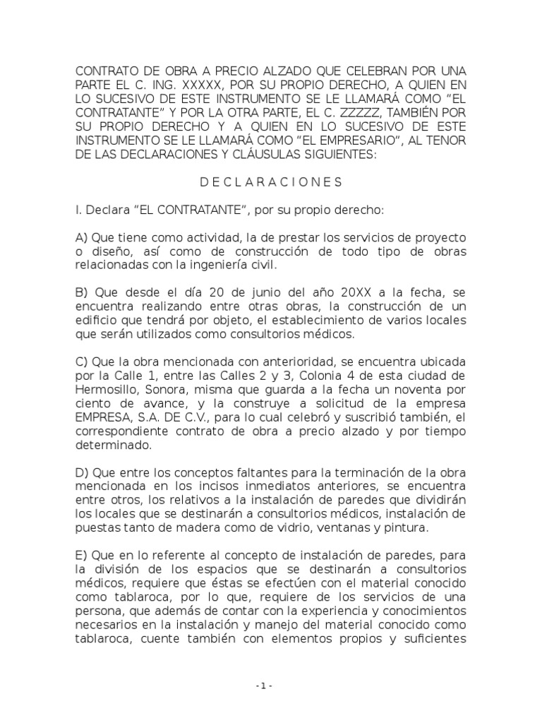 Formato Contrato de Obra a Precio Alzado Gobierno Política