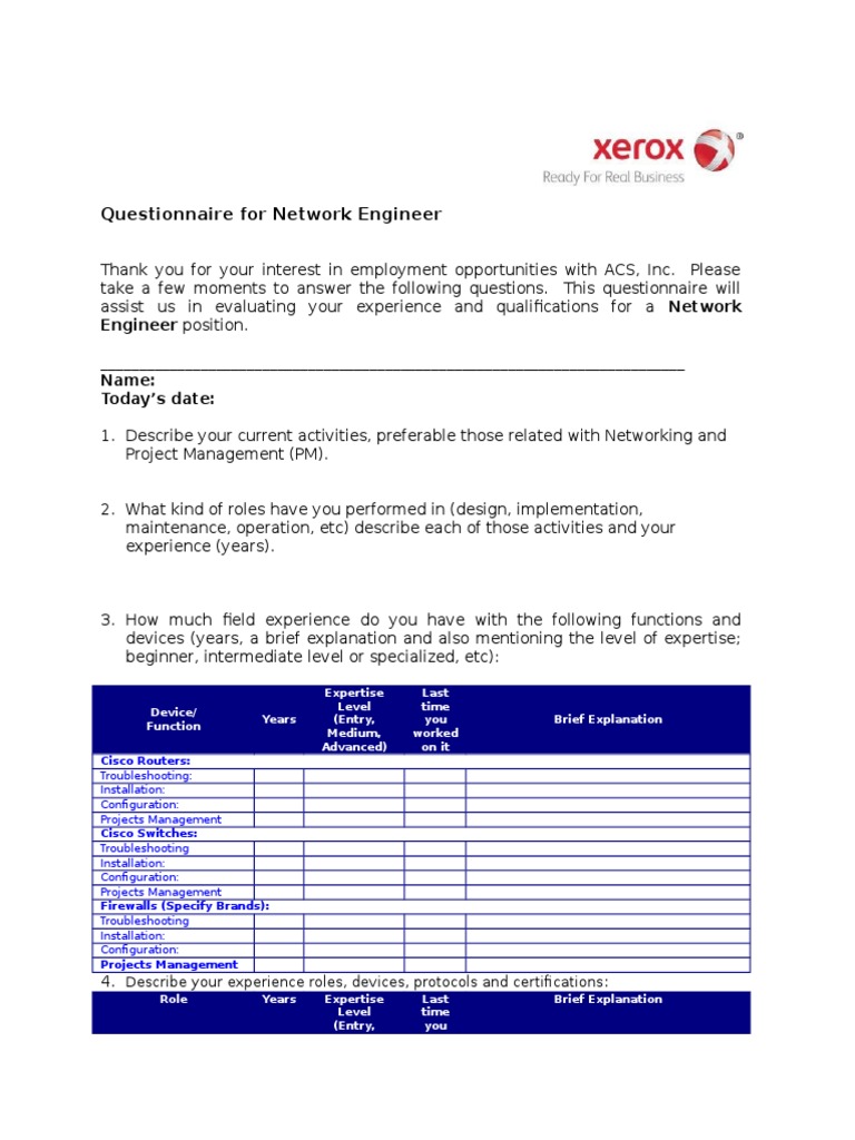 Network Engineer Job Questionnaire | PDF | Cisco Systems | Firewall ...