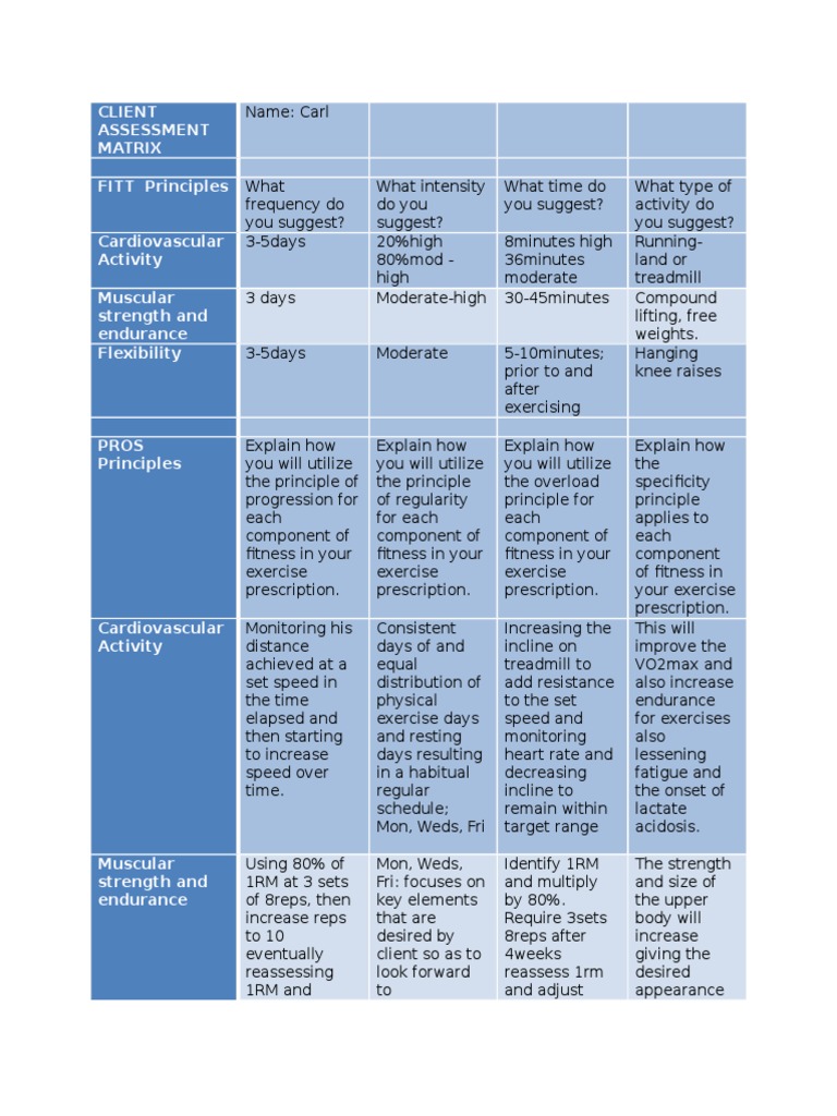 Client Fitness Assessment Matrix | PDF | Physical Fitness | Flexibility ...