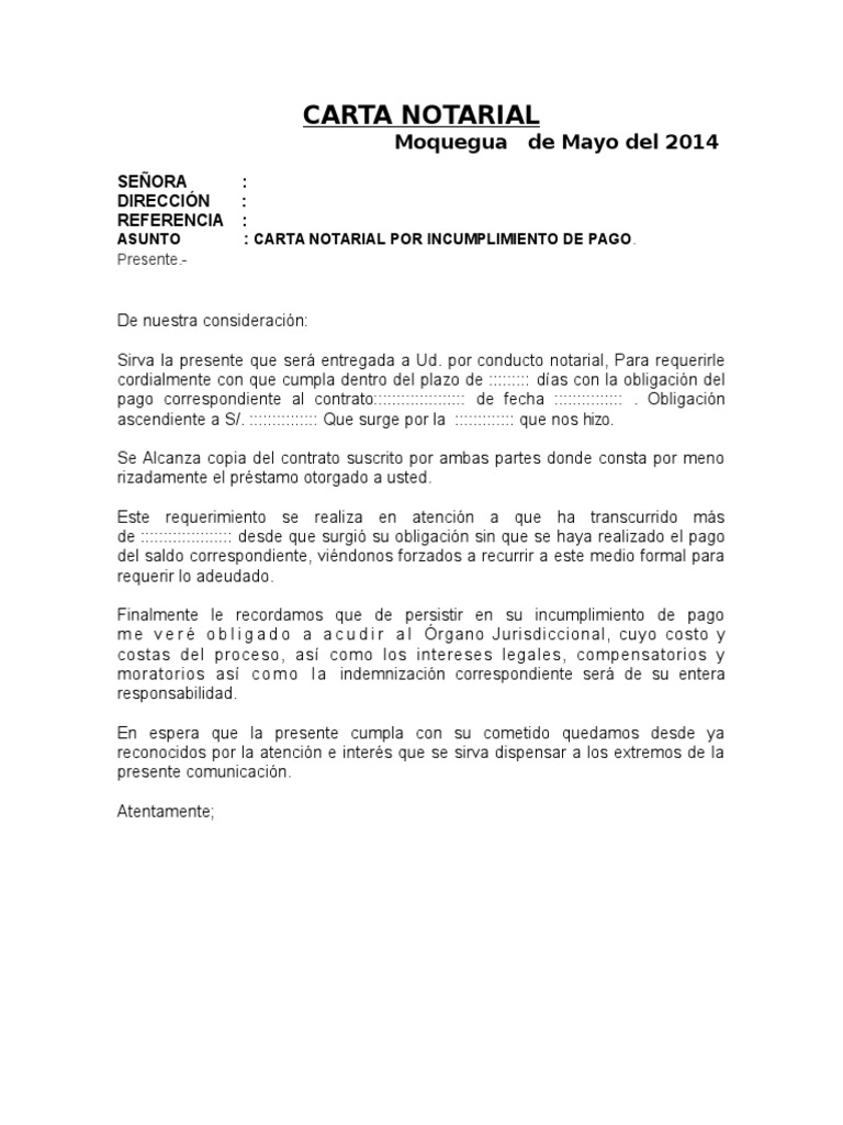 CARTA NOTARIAL Por Incumplimiento de Pago