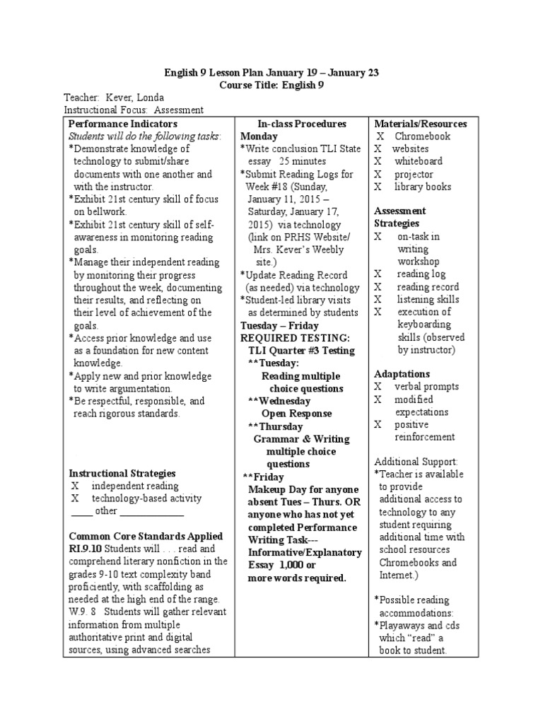 English 9 Lesson Plan: Jan 19-23 | PDF | Lesson Plan | Reading (Process)