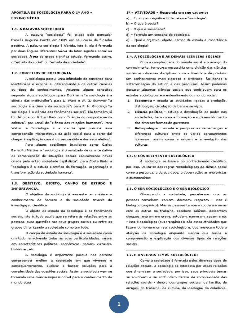 Apostila de Sociologia Para o 1o Ano Ensino Medio | Karl Marx | Sociologia