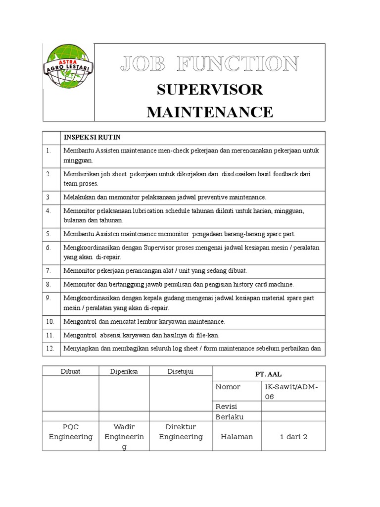 Tugas dan Fungsi Supervisor Maintenance | PDF