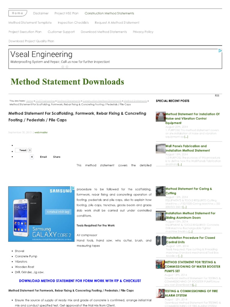 Method Statement For Sca... - Pedestals - Pile Caps | PDF
