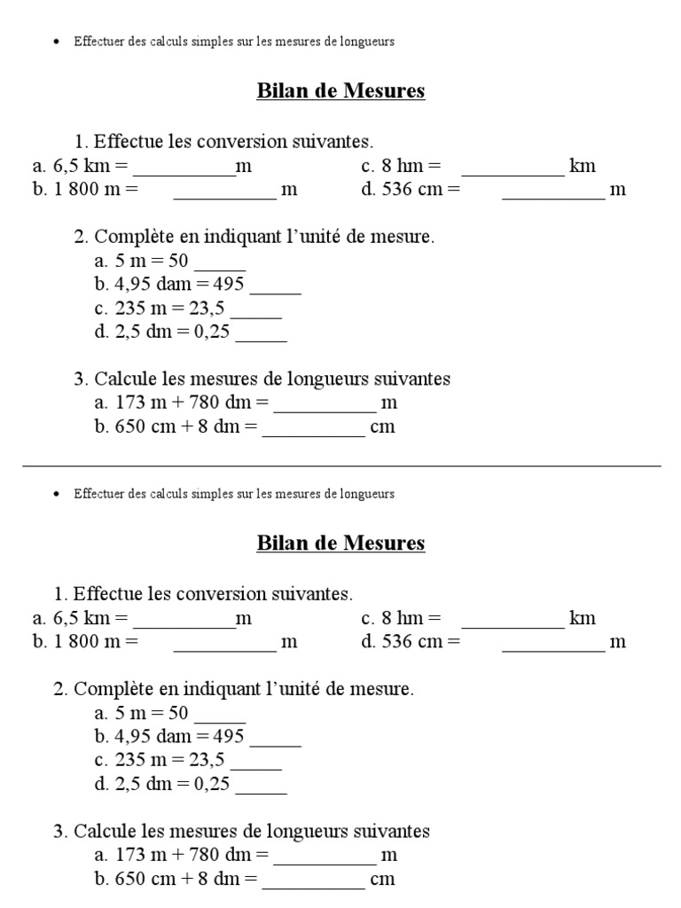Mesures De Longueurs Cm1 Exercices Evaeffectuer Des Calculs Simples Sur Les Mesures de Longueur | PDF