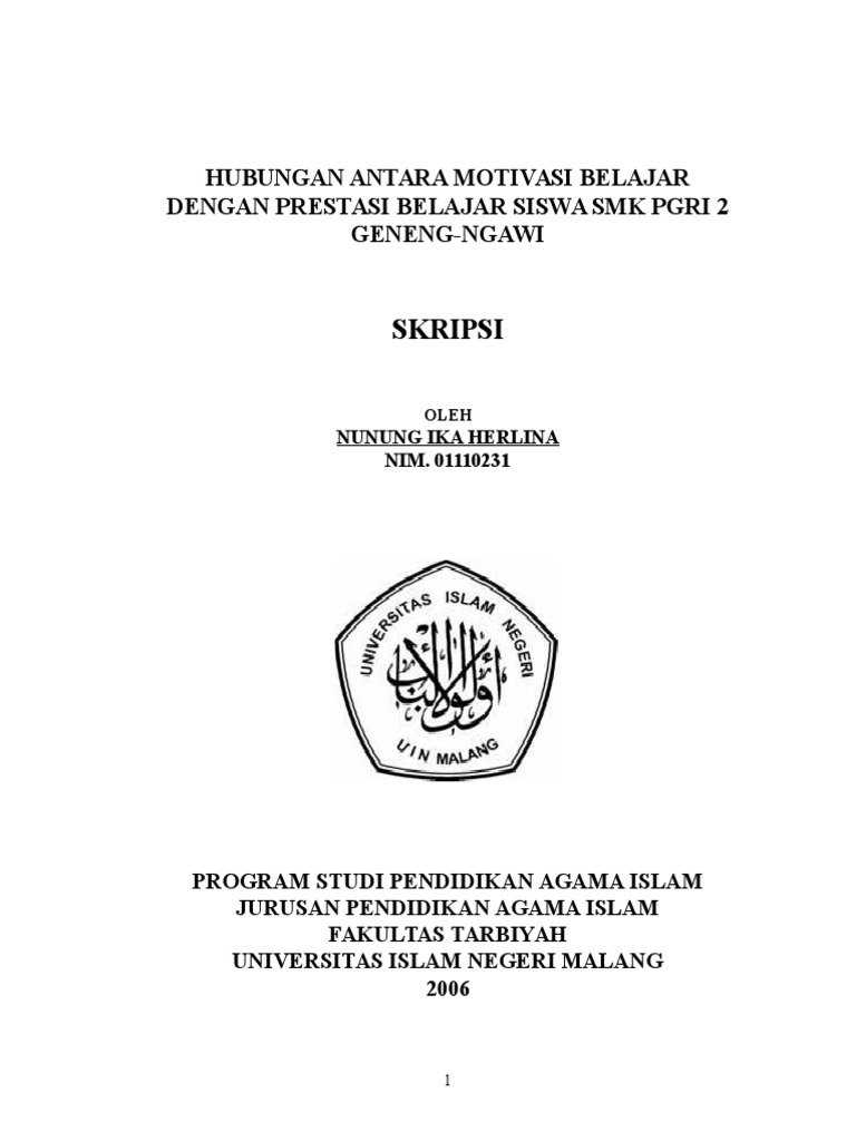 Skripsi Pendidikan Hubungan Antara Motivasi Belajar Dengan Prestasi Belajar Siswa Smk Pgri 2 Geneng Ngawi