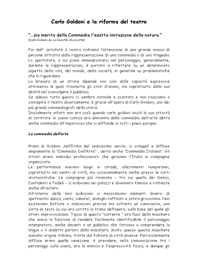 In Cosa Consiste La Riforma Del Teatro Di Goldoni