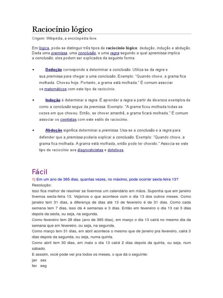 Os três tipos de raciocínio lógico: dedução, indução e abdução | PDF ...