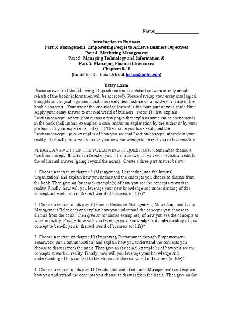 Business Concepts Essay Exam Guide | PDF | Concept | Understanding