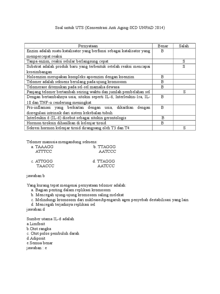 Soal UTS Anti Aging IKD UNPAD 2014 | PDF | Kesehatan Holistik | Sains ...