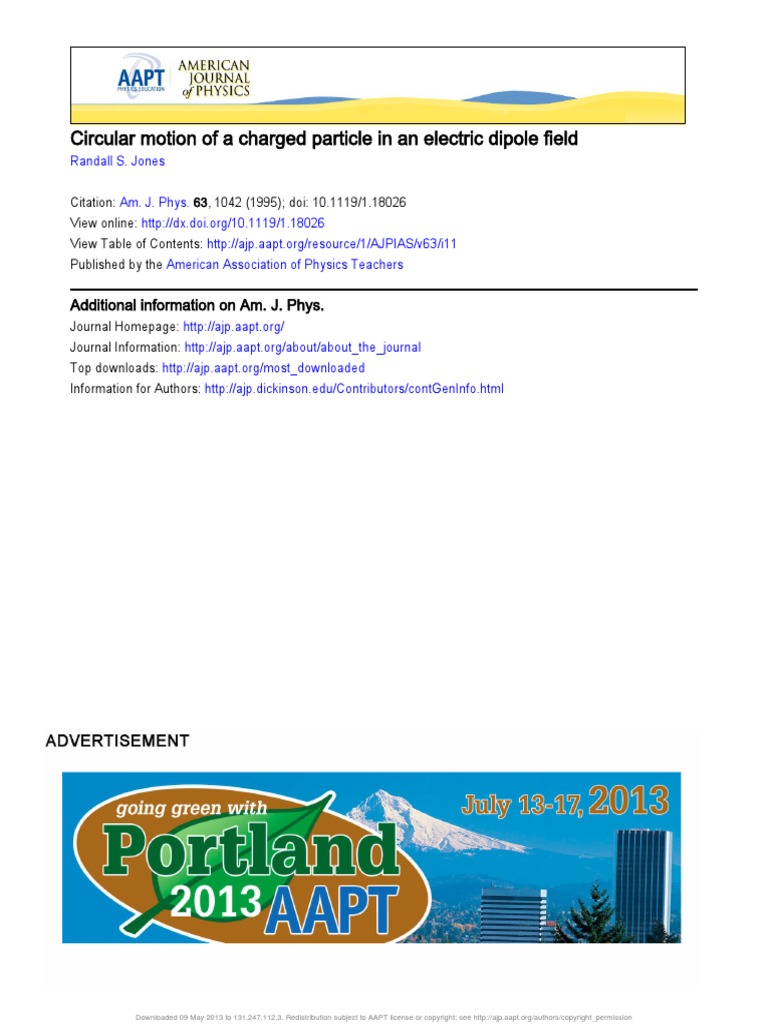 Circular Motion of A Charged Particle in An Electric Dipole Field PDF ...
