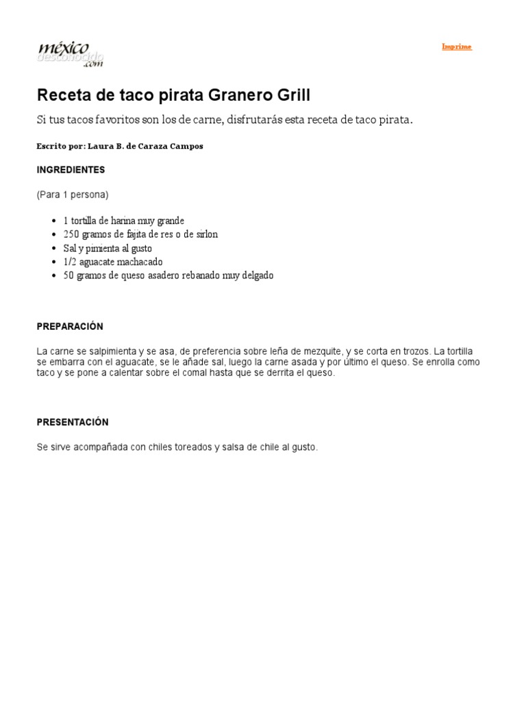 Receta de Taco Pirata Granero Grill México Desconocido PDF