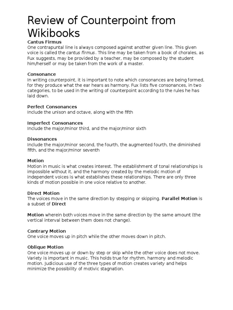 Review of Counterpoint From Wikibooks PDF Harmony Interval (Music)