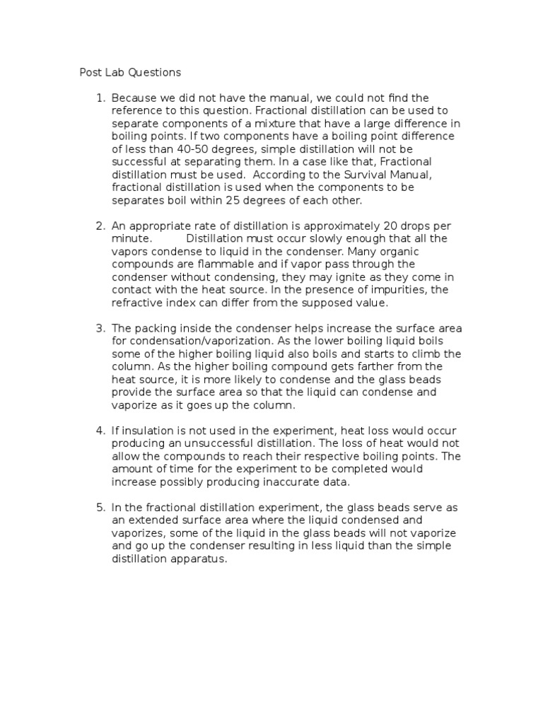 Post Lab Questions For Fractional Distillation | PDF | Distillation ...