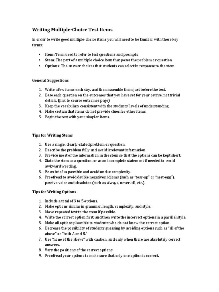 Guidelines for Developing Effective Multiple Choice Test Items Key