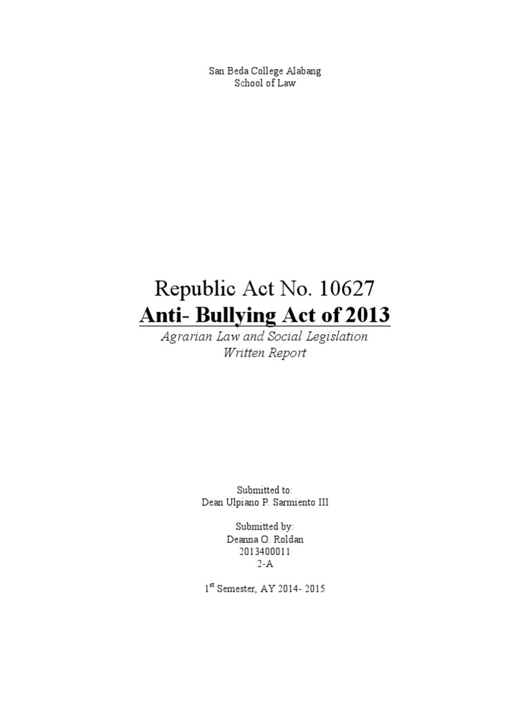 Republic Act No. 10627: Anti-Bullying Act of 2013 | PDF | Bullying ...