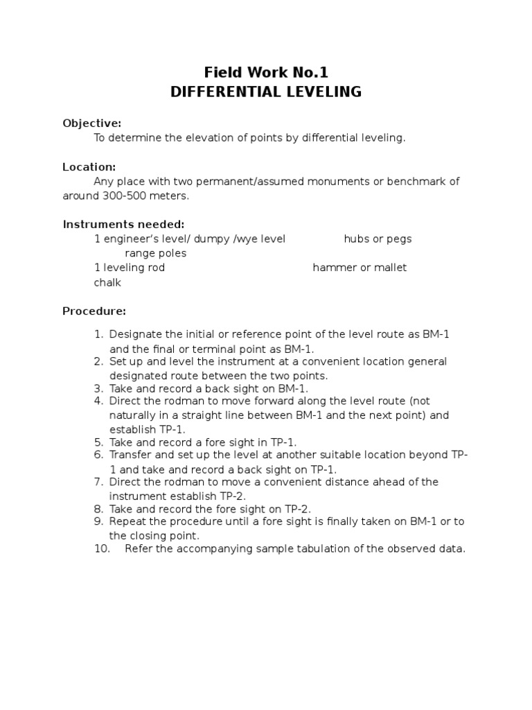 Field Work No.1 Differential Leveling Objective PDF Teaching