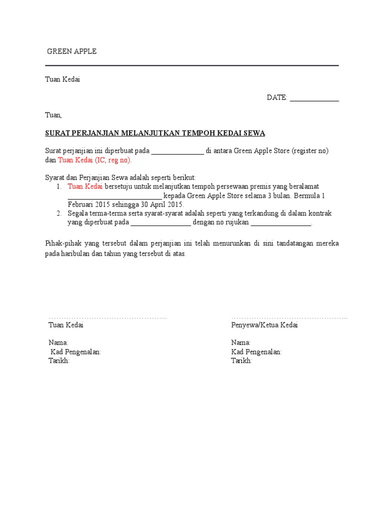 Surat Melanjut Sewa Kedai