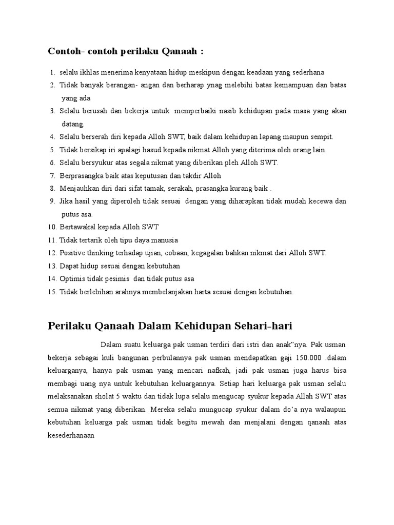 Contoh Perilaku Qanaah