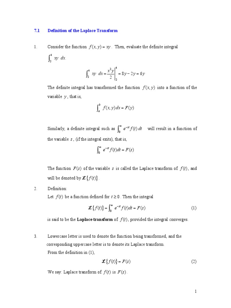 Xy Dx 7 1 Definition Of The Laplace Transform Laplace Transform Function Mathematics