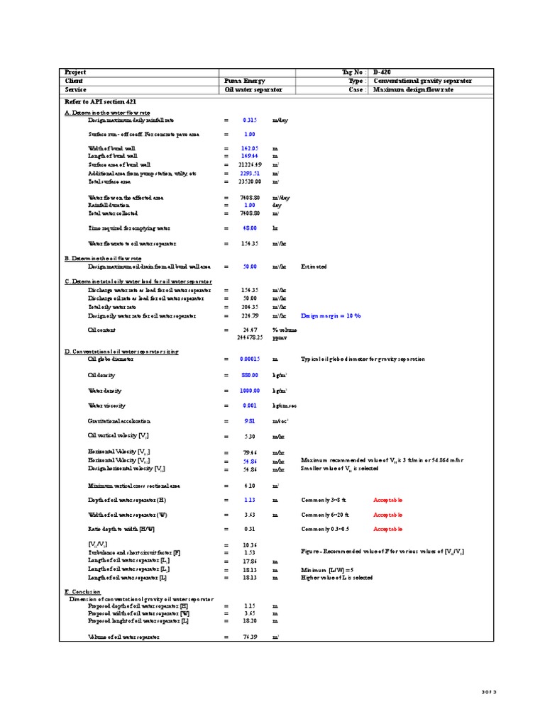 Oil Water Separator Calc PDF Flow Measurement Discharge (Hydrology)
