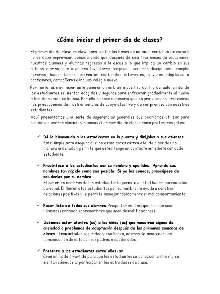 Cómo Iniciar El Primer Día de Clases | PDF