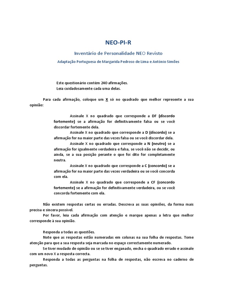 Teste Neo Pi R Pdf Pensamento Emocoes
