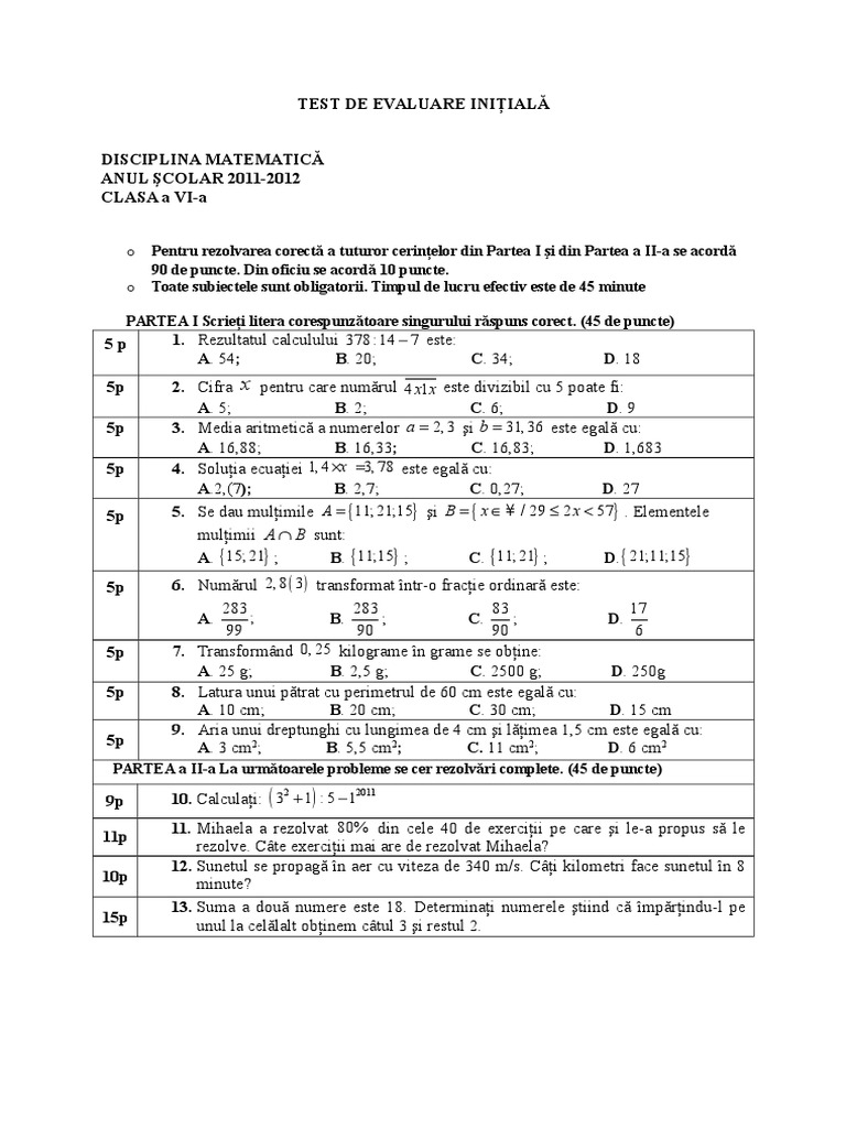 Matematica. 20test 20de 20evaluare 20imitiala 1 | PDF