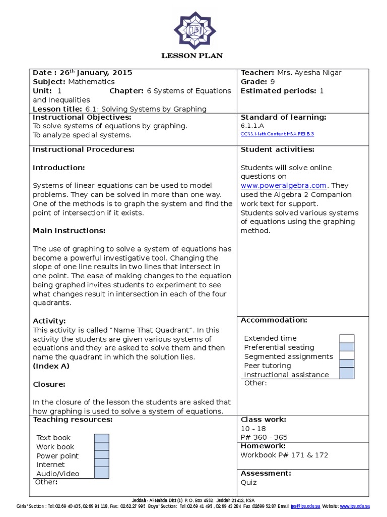 Graphing Systems of Equations Lesson | PDF | Teaching Methods ...