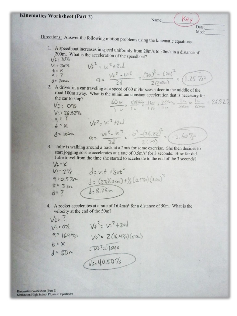 Kinematics Worksheet (Part 4) -  Answer Key PDF  PDF For Kinematics Worksheet With Answers