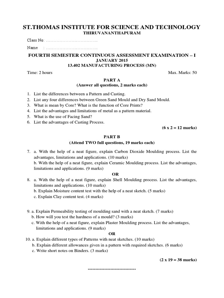 Manufacturing Process 1st Series Exam 2015