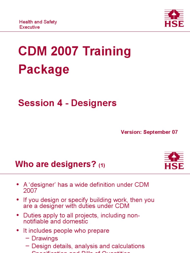 CDM 2007 Training Package Session 4 - Designers | PDF | Safety | Business