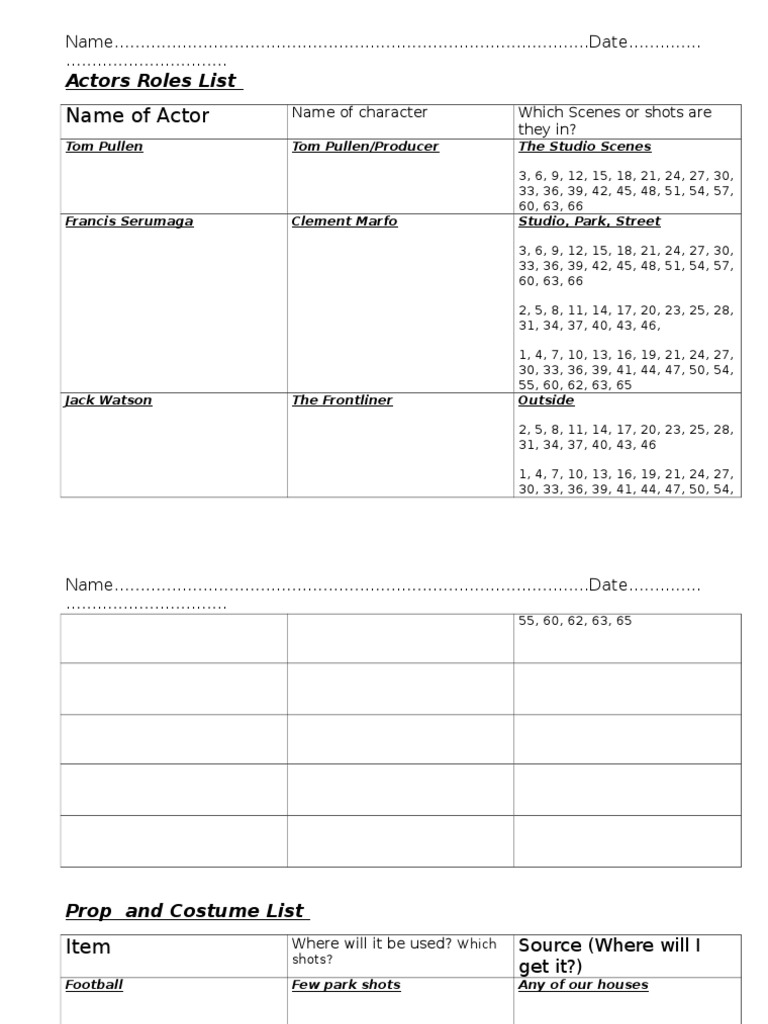 Actors and Props List for Video Shoot | PDF
