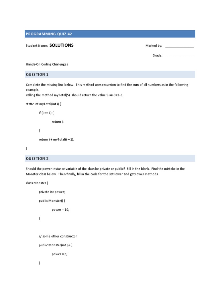 Solutions: Programming Quiz #2 | PDF