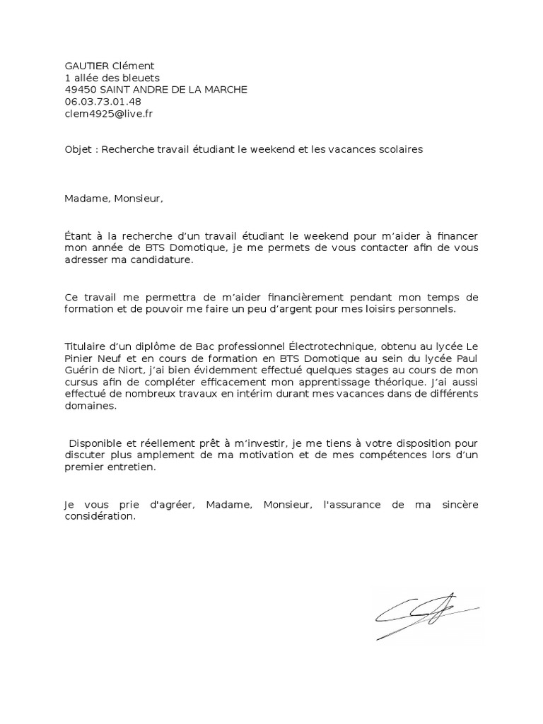 Lettre De Motivation Job étudiant Week End Lettre de Motivation | PDF